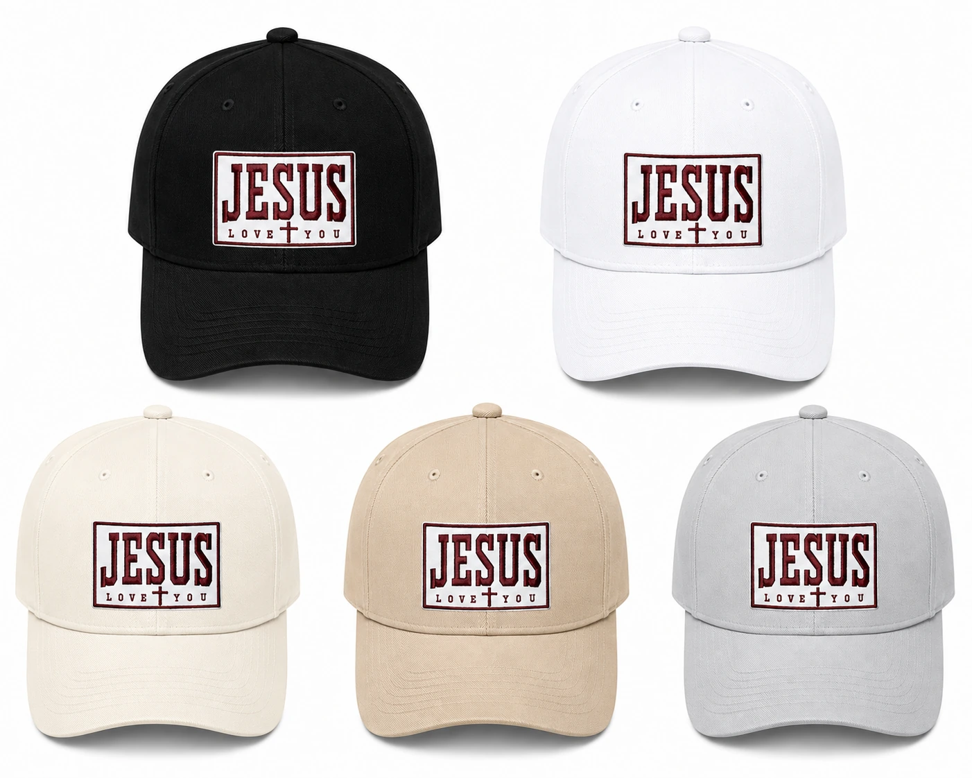 Jesus Love You embroidered Christian caps — all five colors