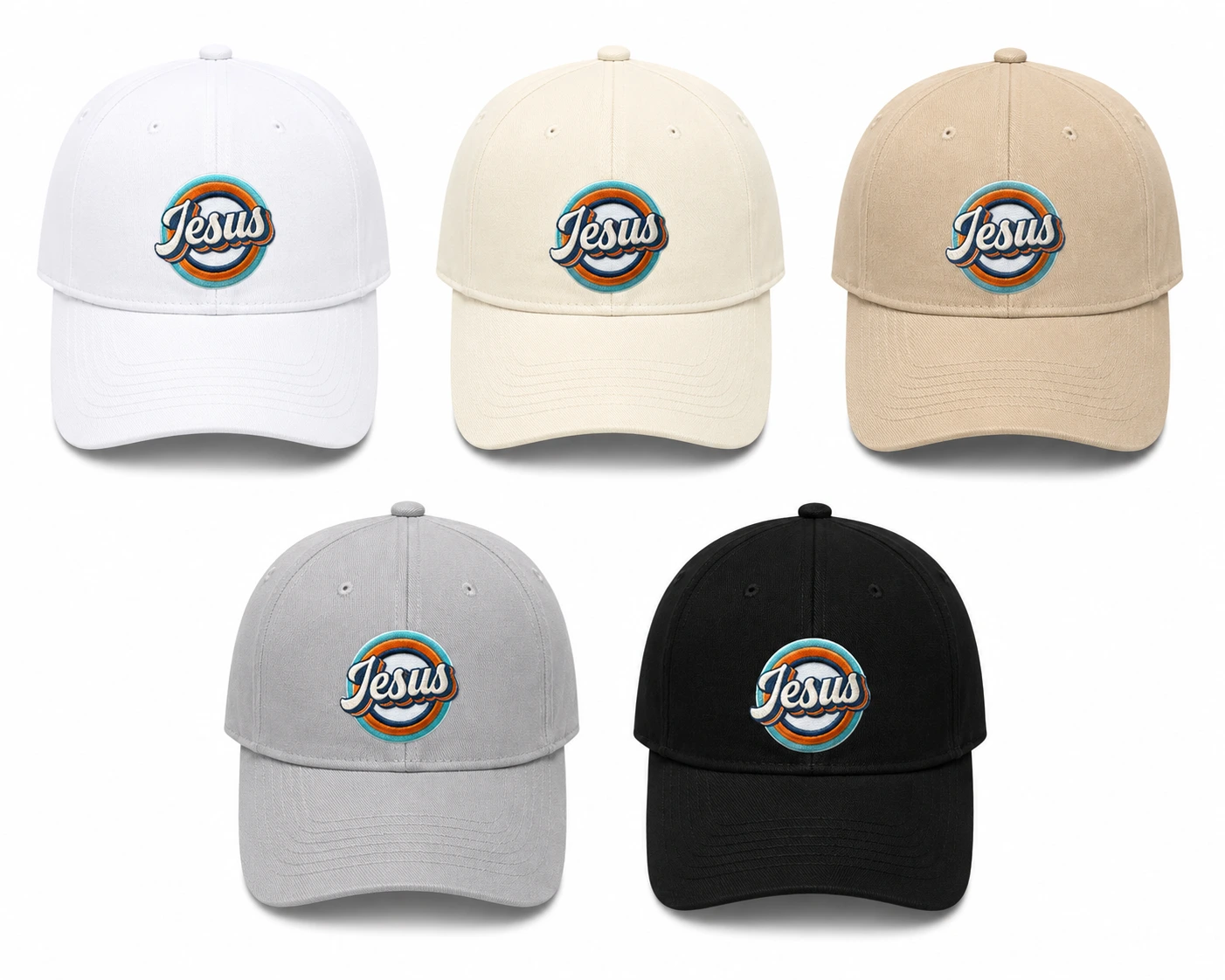 Jesus Retro Colorful Christian caps — all five colors with vibrant patch