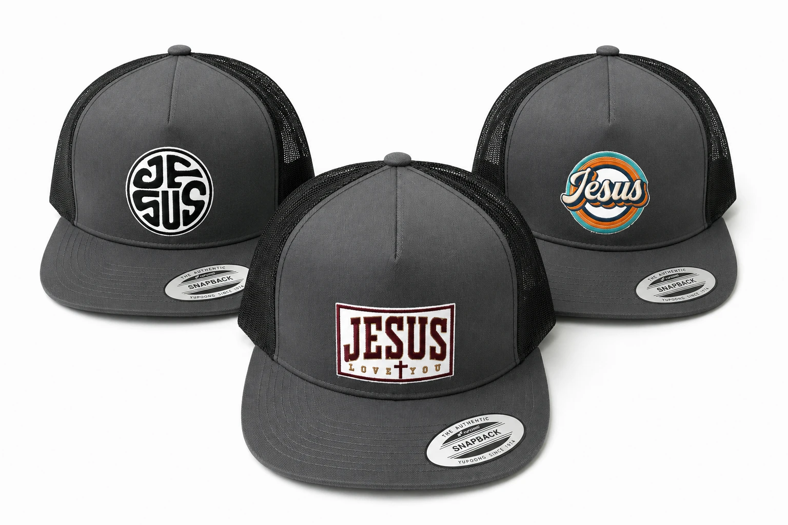 Jesus Christian trucker hats — Charcoal Gray collection with three embroidery styles